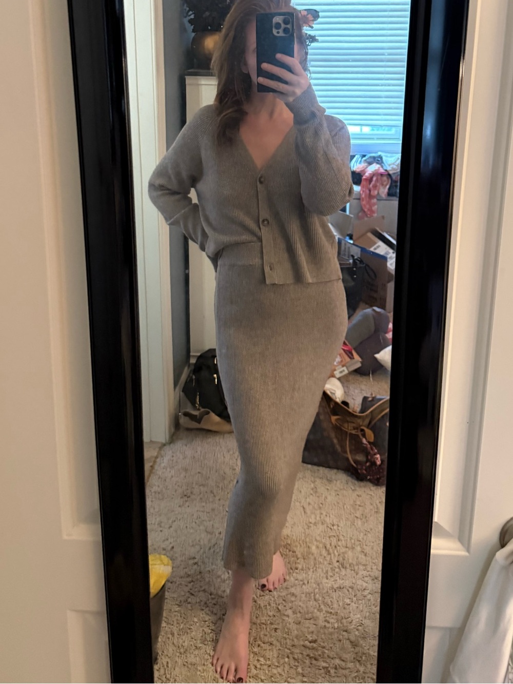 NWT Pinch Ribbed Knit Button Cardigan & Midi Skirt